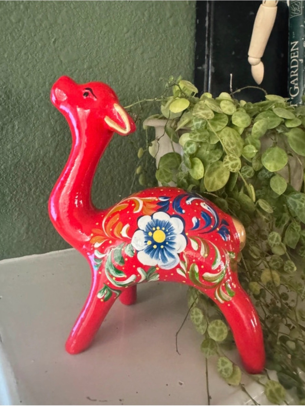 Hand-Painted Peruvian Red Ceramic llama Figurine with Floral Design
